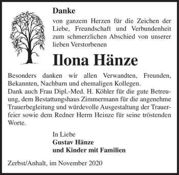 Traueranzeige von Ilona Hänze  von Magdeburger Volksstimme