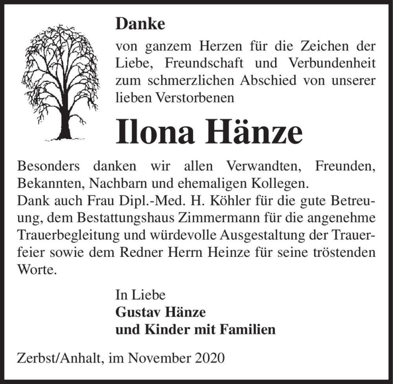 Traueranzeige für Ilona Hänze  vom 21.11.2020 aus Magdeburger Volksstimme