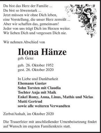 Traueranzeige von Ilona Hänze (geb. Genz)  von Magdeburger Volksstimme