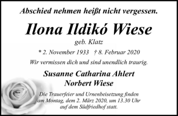 Traueranzeige von Ilona Ildikó Wiese (geb. Klatz)  von Magdeburger Volksstimme
