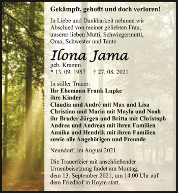 Traueranzeige von Ilona Jama (geb. Kramm)  von Magdeburger Volksstimme