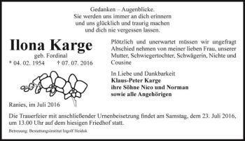 Traueranzeige von Ilona Karge (geb. Fordinal)  von Magdeburger Volksstimme