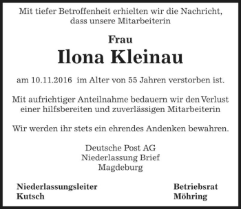 Traueranzeige von Ilona Kleinau  von Magdeburger Volksstimme