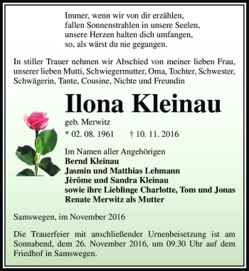 Traueranzeige von Ilona Kleinau (geb. Merwitz)  von Magdeburger Volksstimme