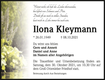 Traueranzeige von Ilona Kleymann  von Magdeburger Volksstimme