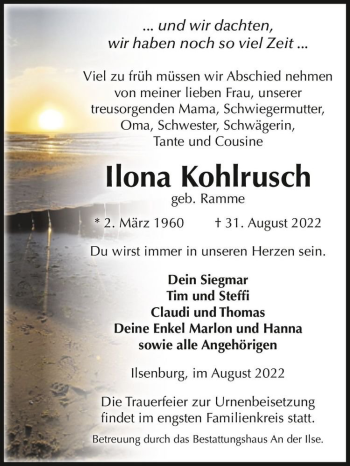 Traueranzeige von Ilona Kohlrusch (geb. Ramme)  von Magdeburger Volksstimme
