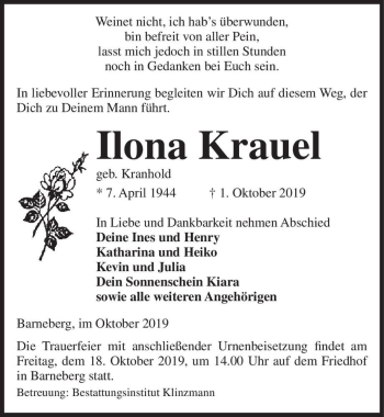 Traueranzeige von Ilona Krauel (geb. Krauel)  von Magdeburger Volksstimme