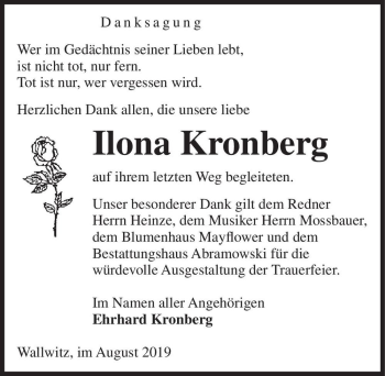 Traueranzeige von Ilona Kronberg  von Magdeburger Volksstimme