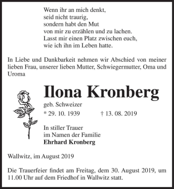 Traueranzeige von Ilona Kronberg (geb. Schweizer)  von Magdeburger Volksstimme