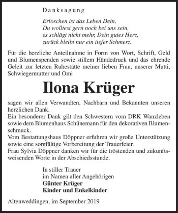 Traueranzeige von Ilona Krüger  von Magdeburger Volksstimme