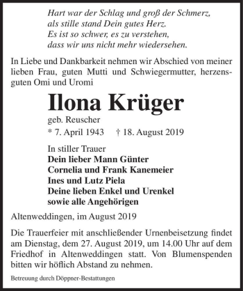 Traueranzeige von Ilona Krüger (geb. Reuscher)  von Magdeburger Volksstimme