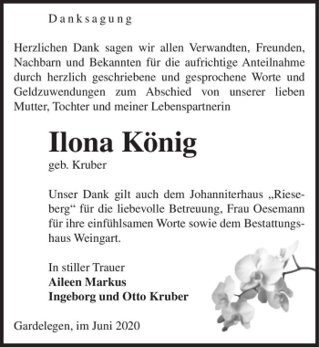 Traueranzeige von Ilona König (geb. Kruber)  von Magdeburger Volksstimme