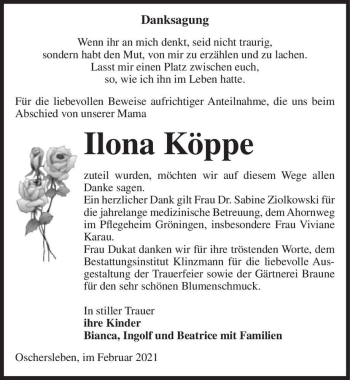 Traueranzeige von Ilona Köppe  von Magdeburger Volksstimme