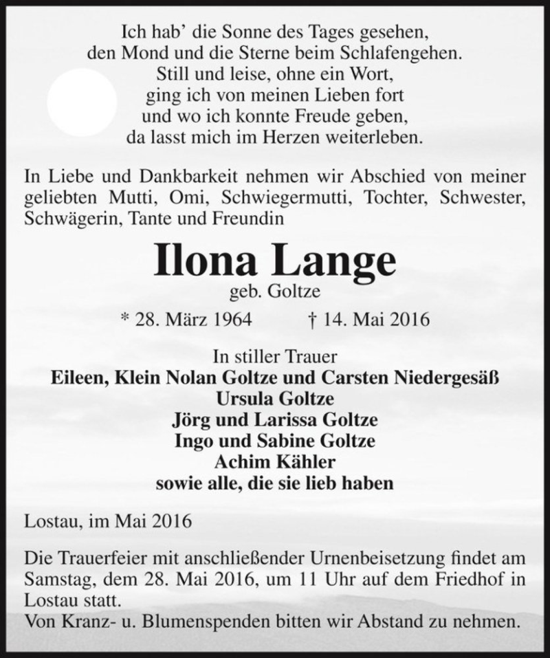  Traueranzeige für Ilona Lange (geb. Goltze)  vom 21.05.2016 aus Magdeburger Volksstimme