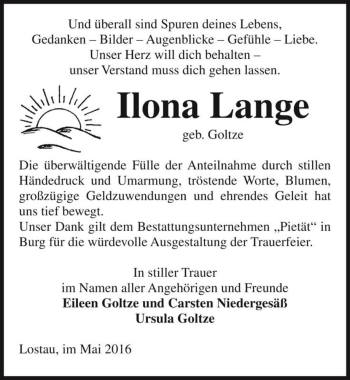 Traueranzeige von Ilona Lange (geb. Goltze)  von Magdeburger Volksstimme
