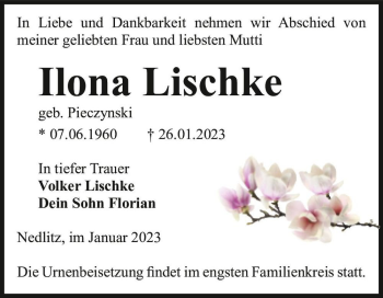 Traueranzeige von Ilona Lischke (geb. Pieczynski)  von Magdeburger Volksstimme