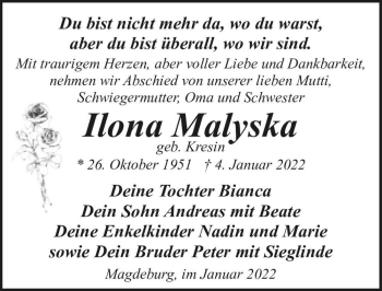 Traueranzeige von Ilona Malyska (geb. Kresin)  von Magdeburger Volksstimme