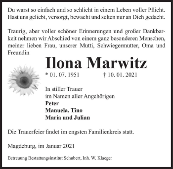 Traueranzeige von Ilona Marwitz  von Magdeburger Volksstimme