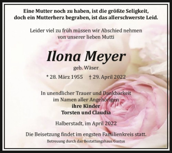 Traueranzeige von Ilona Meyer (geb. Wäser)  von Magdeburger Volksstimme