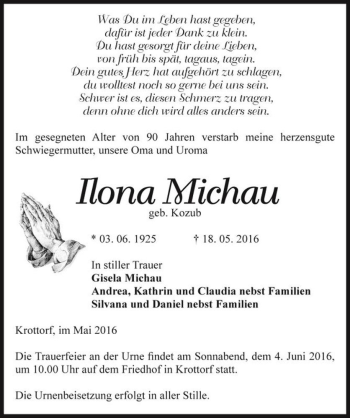 Traueranzeige von Ilona Michau (geb. Kozub)  von Magdeburger Volksstimme