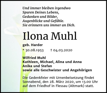 Traueranzeige von Ilona Muhl (geb. Harder)  von Magdeburger Volksstimme
