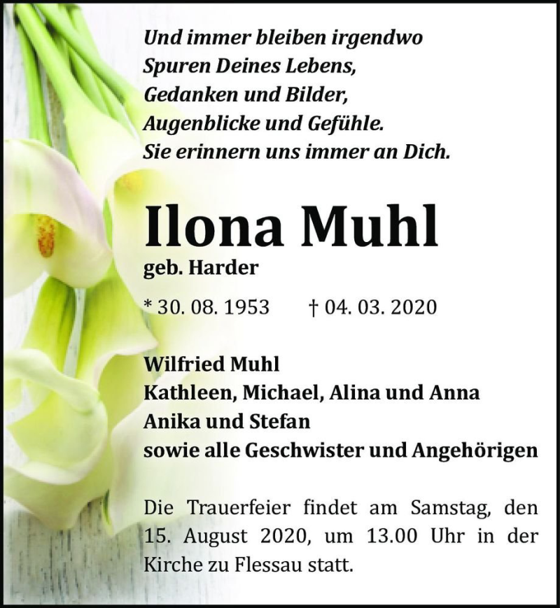  Traueranzeige für Ilona Muhl (geb. Harder)  vom 08.08.2020 aus Magdeburger Volksstimme