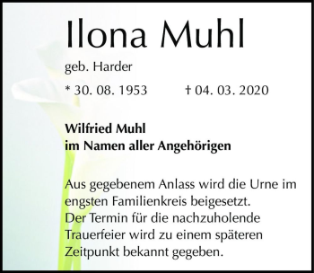 Traueranzeige von Ilona Muhl (geb. Harder)  von Magdeburger Volksstimme