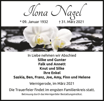 Traueranzeige von Ilona Nagel  von Magdeburger Volksstimme