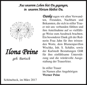 Traueranzeige von Ilona Peine (geb. Bartsch)  von Magdeburger Volksstimme