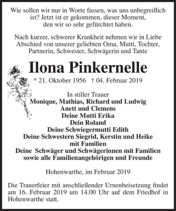 Traueranzeige von Ilona Pinkernelle  von Magdeburger Volksstimme