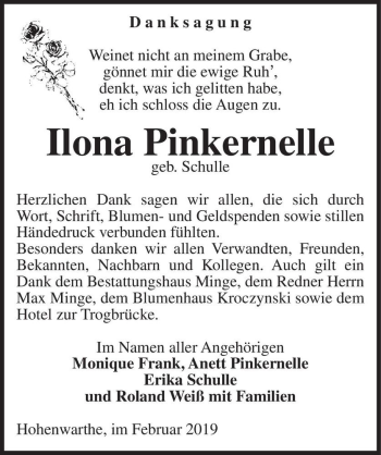 Traueranzeige von Ilona Pinkernelle (geb. Schulle)  von Magdeburger Volksstimme