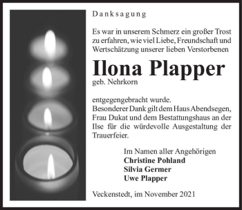 Traueranzeige von Ilona Plapper (geb. Nehrkorn)  von Magdeburger Volksstimme