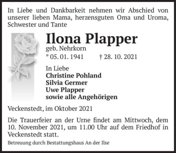 Traueranzeige von Ilona Plapper (geb. Nehrkorn)  von Magdeburger Volksstimme