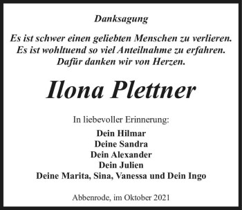 Traueranzeige von Ilona Plettner  von Magdeburger Volksstimme