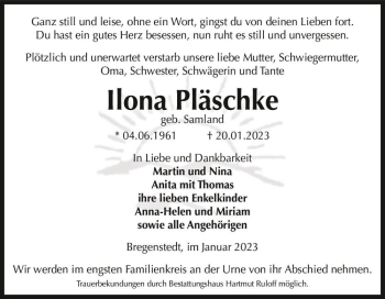 Traueranzeige von Ilona Pläschke (geb. Samland)  von Magdeburger Volksstimme
