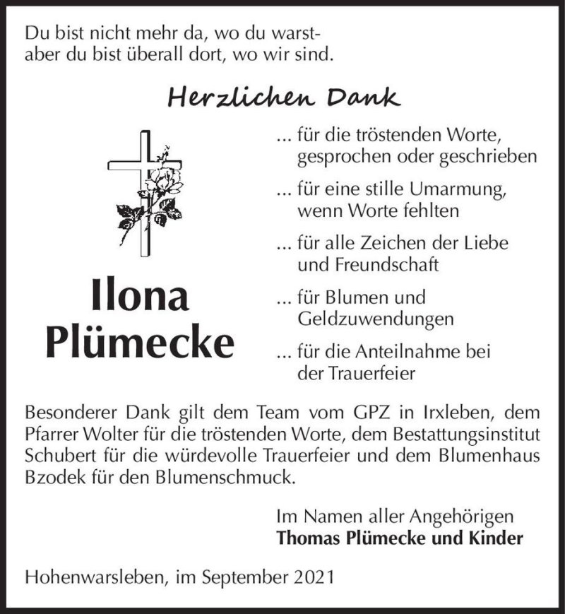  Traueranzeige für Ilona Plümecke  vom 04.09.2021 aus Magdeburger Volksstimme