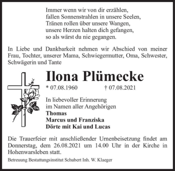 Traueranzeige von Ilona Plümecke  von Magdeburger Volksstimme