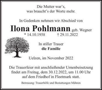 Traueranzeige von Ilona Pohlmann (geb. Wegner)  von Magdeburger Volksstimme