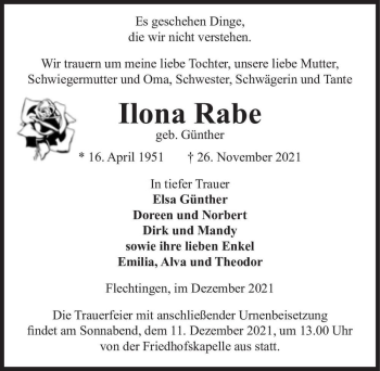 Traueranzeige von Ilona Rabe (geb. Günther)  von Magdeburger Volksstimme