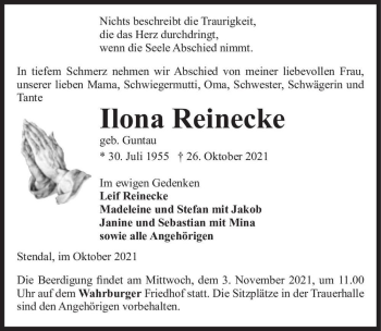 Traueranzeige von Ilona Reinecke (geb. Guntau)  von Magdeburger Volksstimme