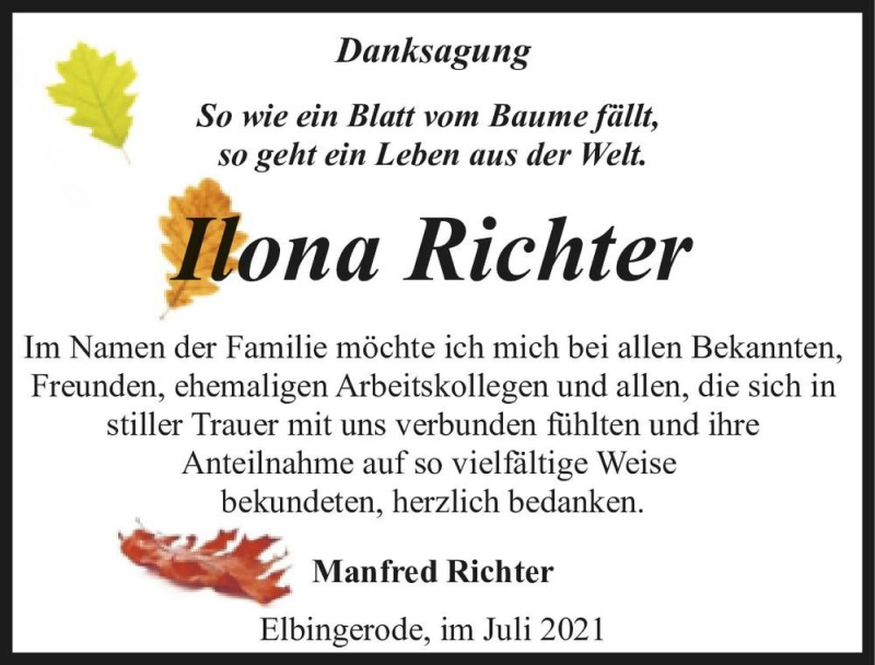  Traueranzeige für Ilona Richter  vom 10.07.2021 aus Magdeburger Volksstimme