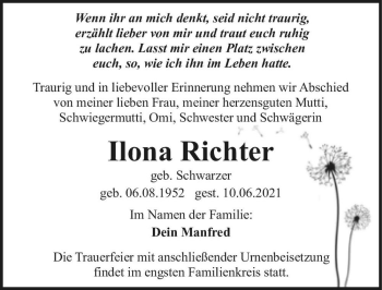 Traueranzeige von Ilona Richter (geb. Schwarzer)  von Magdeburger Volksstimme