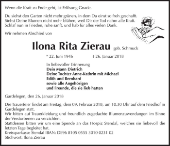 Traueranzeige von Ilona Rita Zierau (geb. Schmuck)  von Magdeburger Volksstimme