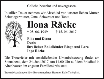 Traueranzeige von Ilona Räcke  von Magdeburger Volksstimme
