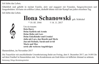Traueranzeige von Ilona Schanowski (geb. Schöckel)  von Magdeburger Volksstimme