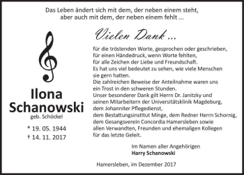 Traueranzeige von Ilona Schanowski (geb. Schöckel)  von Magdeburger Volksstimme