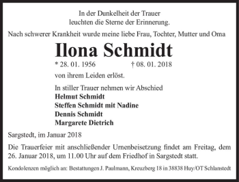 Traueranzeige von Ilona Schmidt  von Magdeburger Volksstimme