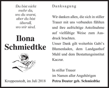 Traueranzeige von Ilona Schmiedtke  von Magdeburger Volksstimme