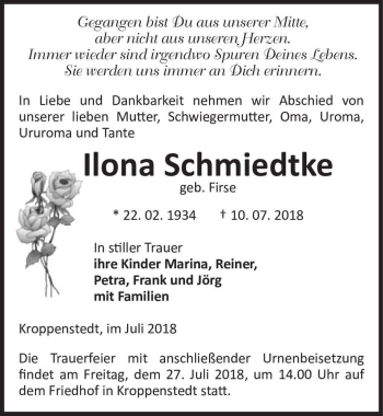 Traueranzeige von Ilona Schmiedtke (geb. Firse)  von Magdeburger Volksstimme