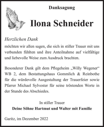 Traueranzeige von Ilona Schneider  von Magdeburger Volksstimme